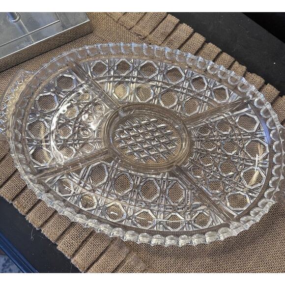 Vintage Lead Crystal Divided Serving Platter Tray Center Dipping Bowl 14 Inch - Picture 3 of 4